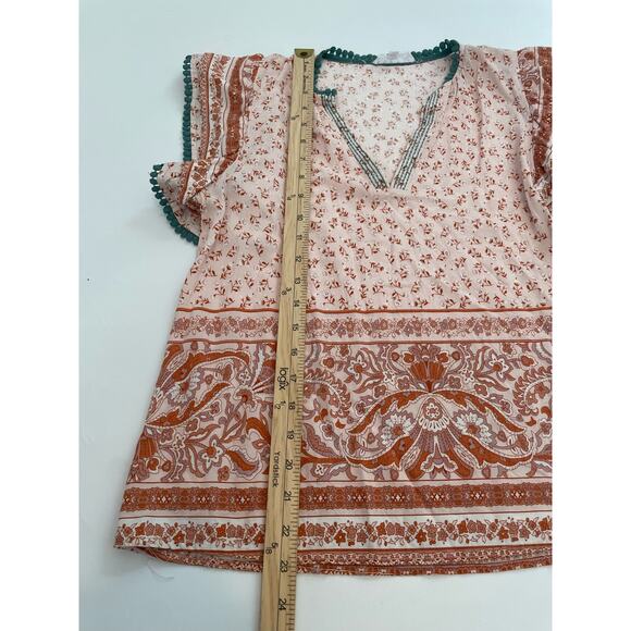 THML Size M Pink Floral Top Flutter Sleeves V-Neck Green Pom Pom Trim - Picture 6 of 6